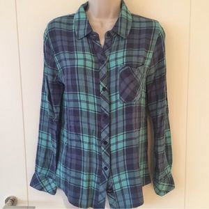Rails Navy Turquoise Plaid Flannel Button Shirt